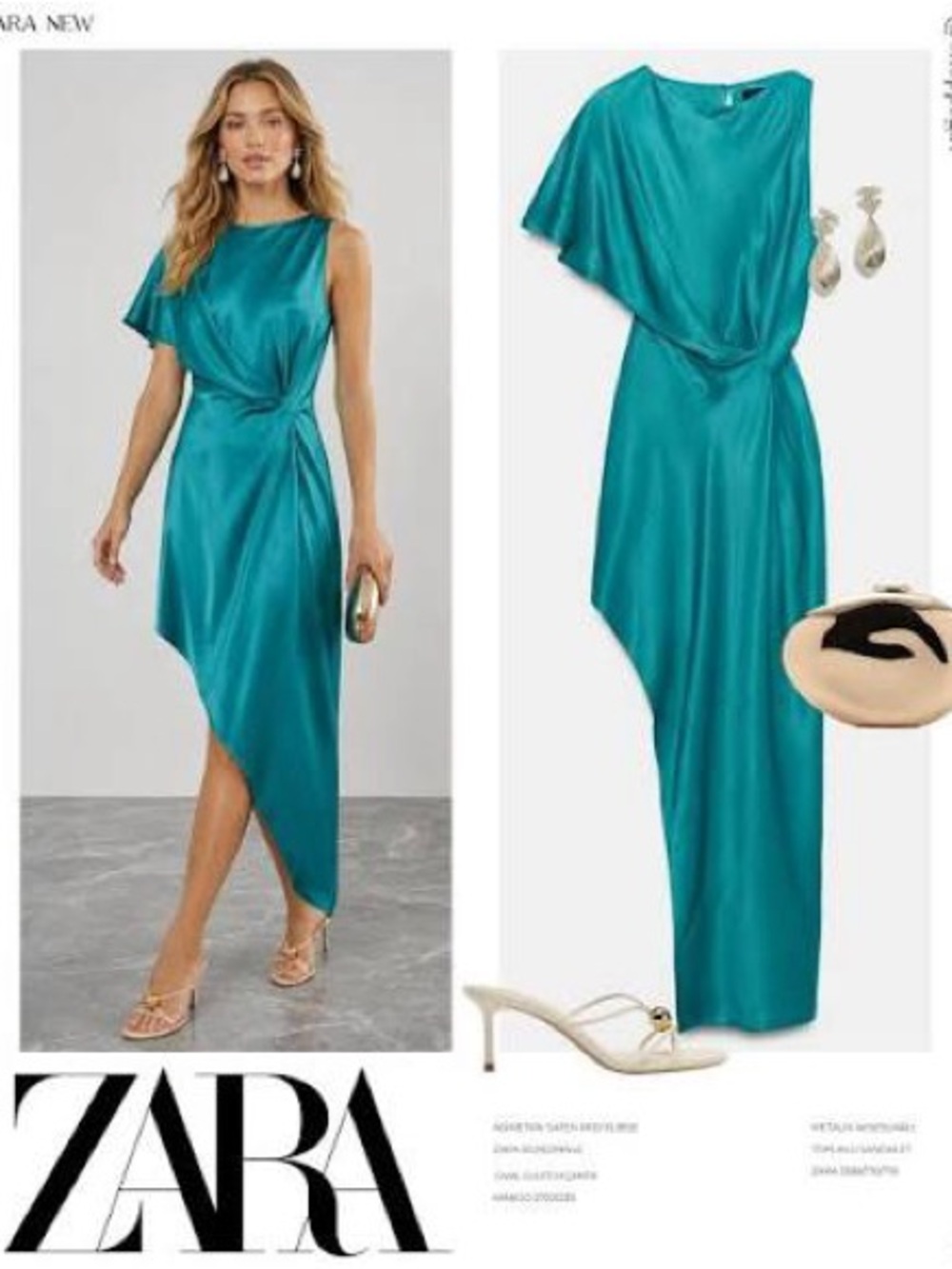 ZARA Teal Asymmetric Satin Dress